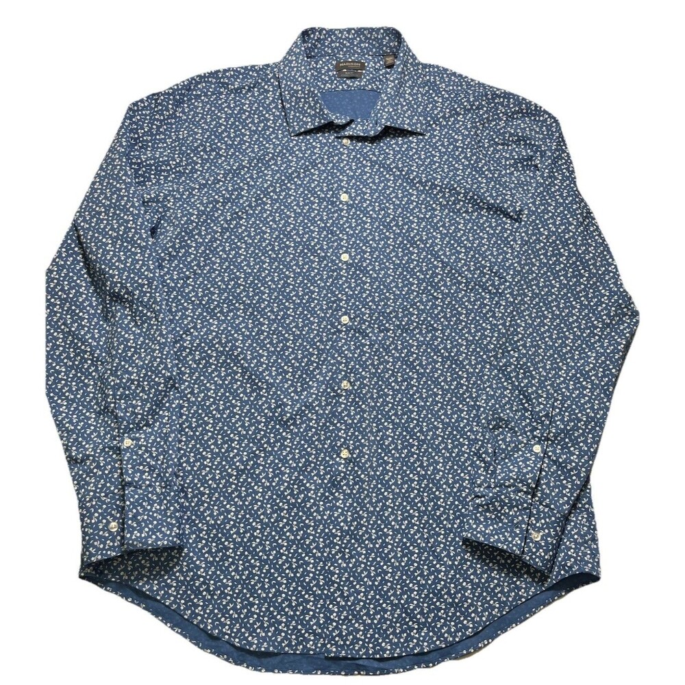 Madison Slim Fit Floral Print Dress Shirt‎ Men's Blue Button Front Casual XL